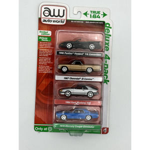 Auto World 4 Pack Firebird El Camino Mustang Cougar New